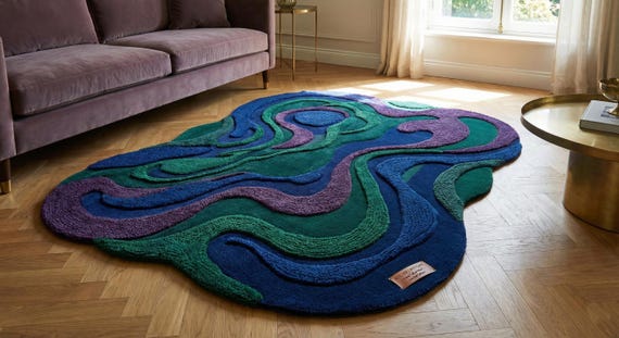 Hand Tufted Wool Area Rug – Abstract Sculpted Blue Green Purple Carpet