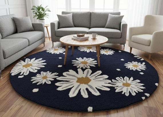 Navy Daisy Round Rug, Modern Floral Area Carpet, Boho Home Decor