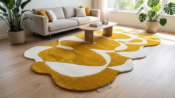 8x10 ft Hand Tufted Wool Rug: Modern Abstract Yellow White Irregular Shape (9x12)