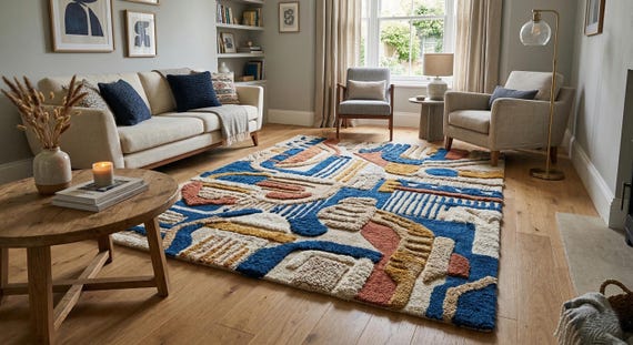 Hand Tufted Wool Abstract Rug, Modern Geometric Carpet, Textured Living Room Decor