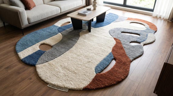 9x12 ft Hand Tufted Wool Rug: Irregular Abstract Shape, Blue Beige Rust Tones