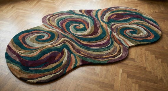 12x15 ft 9x12 ft Hand Tufted Wool Rug: Abstract Swirl Design, Irregular Shape