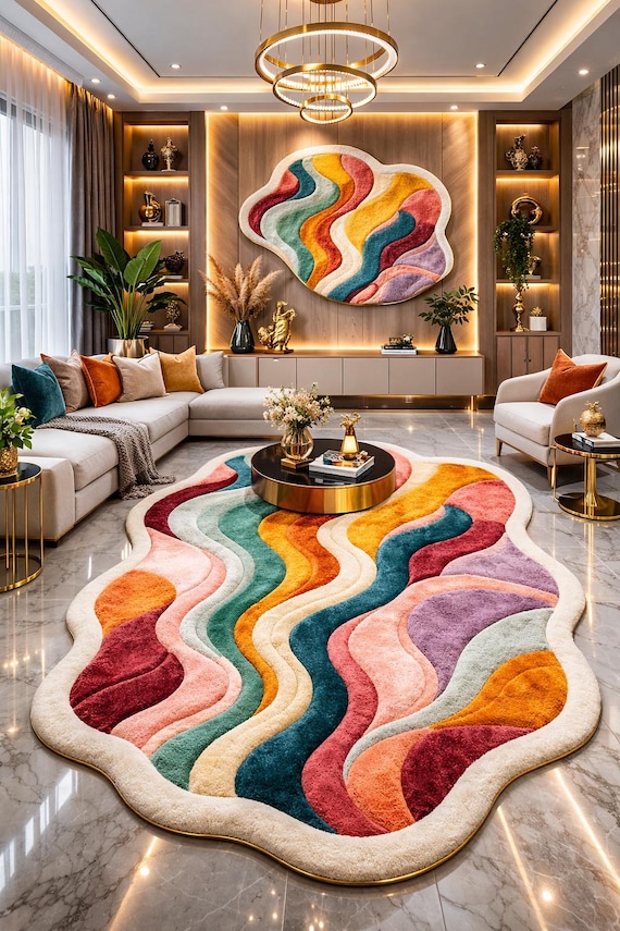 Hand Tufted Abstract Rug, Irregular Shape, Colorful Wave Design Carpet