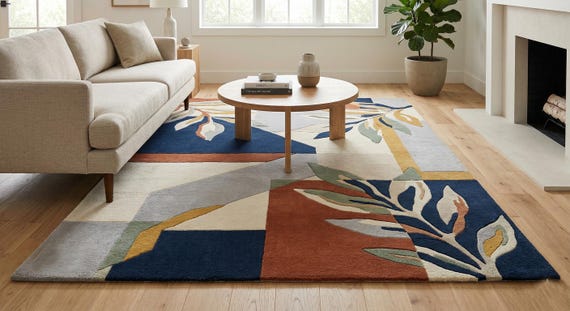 9x12 ft Modern Abstract Area Rug Geometric Navy Rust Mustard Contemporary Living Room Rug