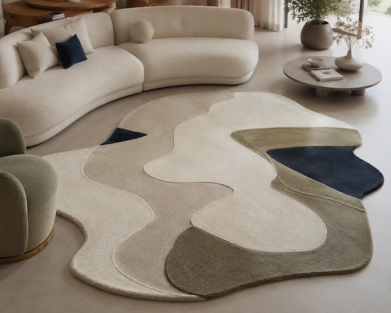 Handmade Organic Wool Area Rug: Abstract Sculptural Design, Cream Taupe Navy (9x12 ft)