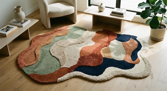 Irregular Wavy Abstract Rug: Boho Colorful Tufted Carpet (8x10ft)