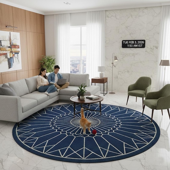 Blue Geometric Wool Rug | Modern Mandala Round Carpet