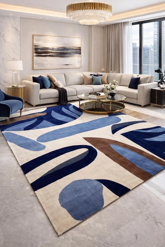 9X12,8X11 ft Modern Abstract Blue Area Rug Geometric Contemporary Carpet Hand Tufted Wool Rug