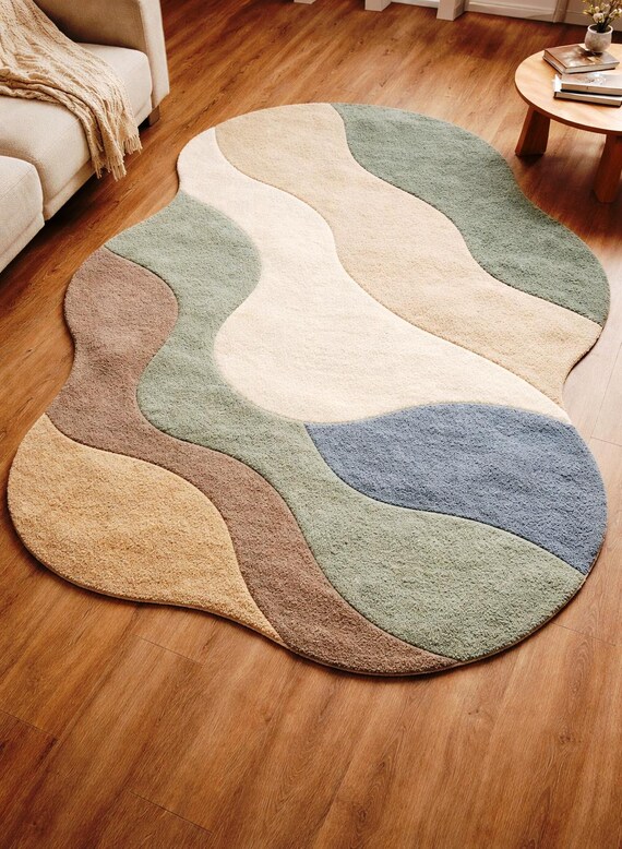 9x12 ft Irregular Wool Rug: Abstract Modern Carpet, Organic Shape Living Room Area Rug