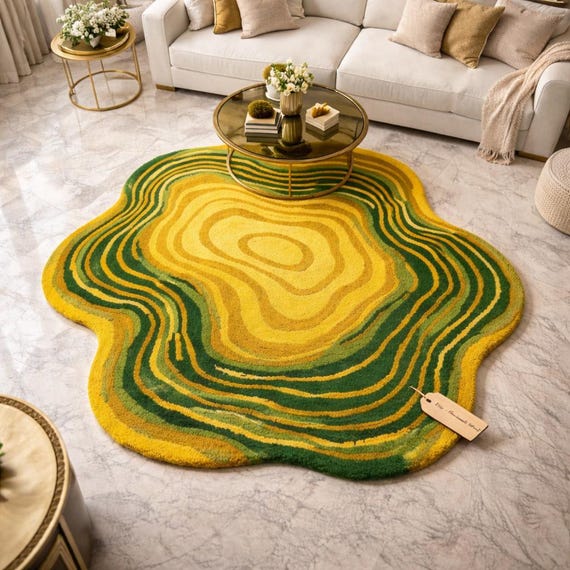 Hand-Tufted Wool Rug: Irregular Abstract Yellow-Green, Modern Art