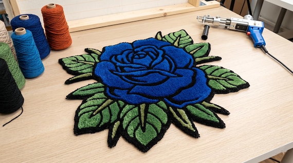 Hand Tufted Blue Rose Rug Floral Wool Carpet Botanical Flower Rug  Living Room Bedroom