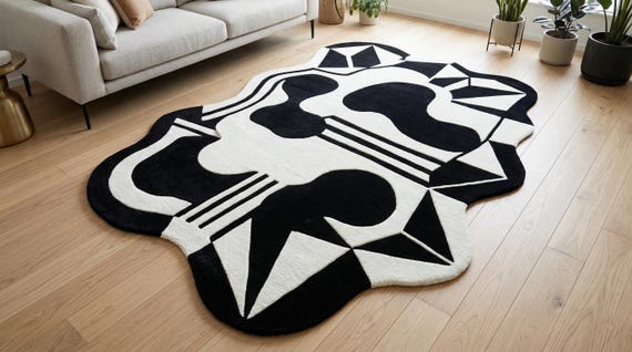 9x12 ft Black White Abstract Wool Rug: Hand-Tufted Geometric Irregular Area Rug