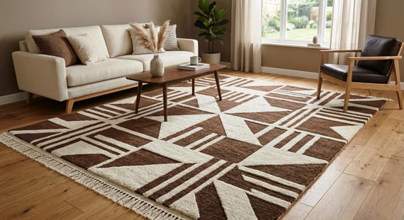 9x12 ft Brown Cream Geometric Tribal Area Rug, Modern Boho Scandinavian Carpet