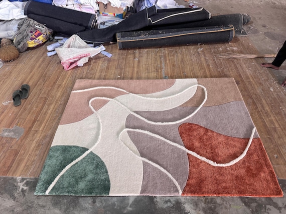 Abstract Geometric Area Rug, Plush Living Room Carpet, Earthy Tones Home Decor