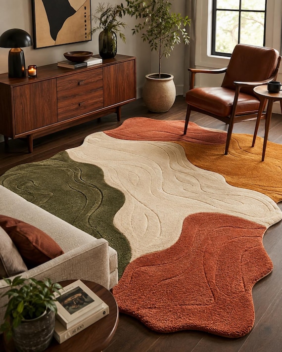 Rug Hand-Tufted Wavy Area Rug: Earth Tone Boho Carpet (Terracotta, Olive, Mustard)