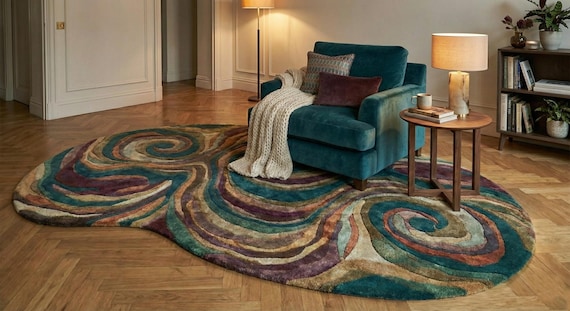 Hand Tufted Wool Rug: Abstract Swirl Design, Irregular Shape