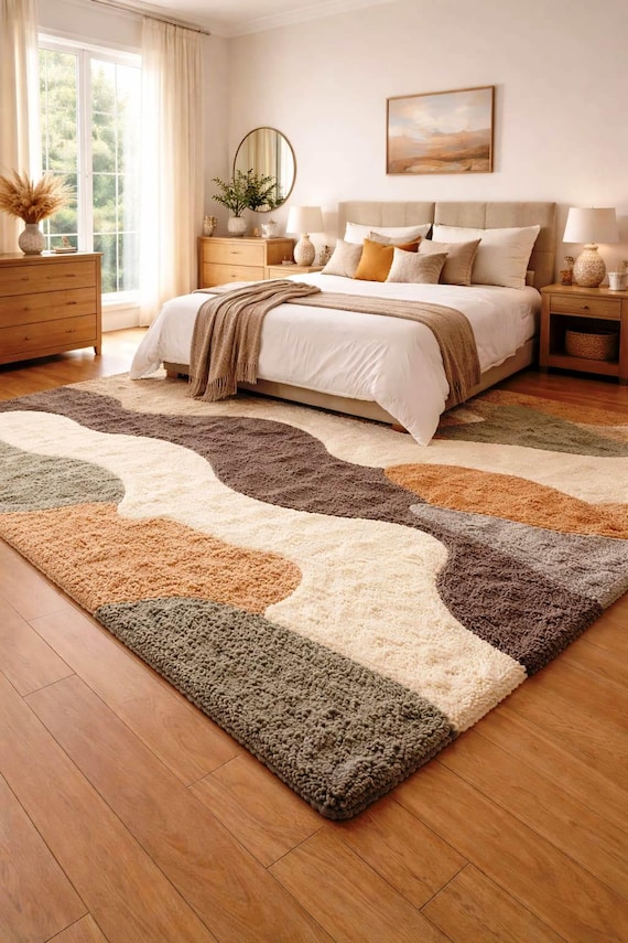 9x12 ft Modern Abstract Shag Area Rug, Neutral Boho Bedroom Rug, Plush Geometric Carpet