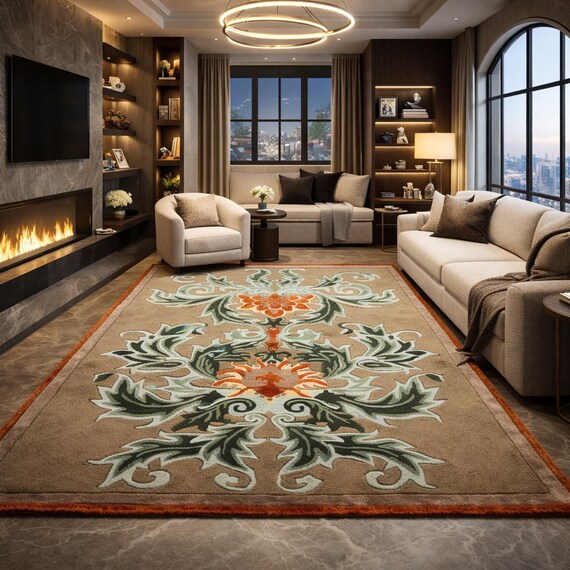 12x15 ft Modern Botanical Area Rug Beige Green Orange Floral Carpet Living Room Decor