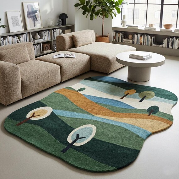 9x12 ft Irregular Shape Landscape Wool Rug: Hand-Tufted Abstract Nature Area Carpet