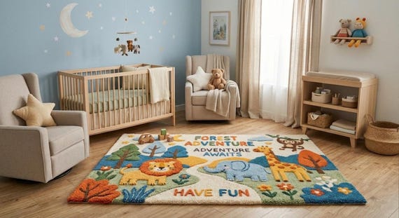 Hand-Tufted Wool Safari Animal Rug: Forest Adventure Playroom Carpet