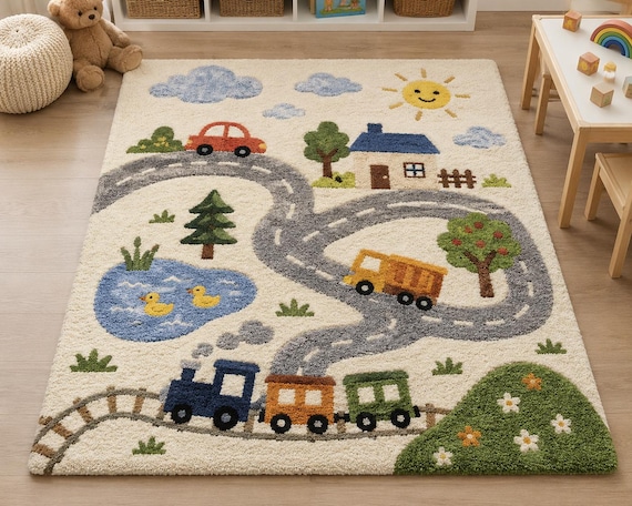 Hand Tufted Wool Road Play Rug, Transportation Nursery Decor, Montessori Kids Room
