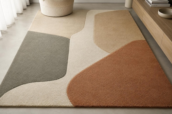 Hand Tufted Wool Rug, Abstract Beige Terracotta Area Carpet, Scandinavian Living Room