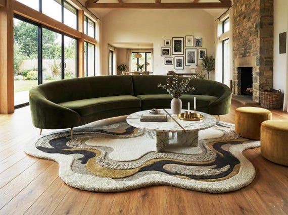 Irregular Abstract Wool Rug, Hand-Tufted Cream Black Gold Organic Carpet