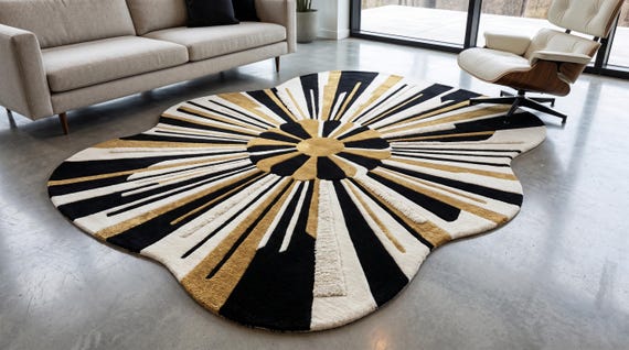9x12 ft Hand Tufted Wool Sunburst Rug, Abstract Black Mustard Cream Carpet