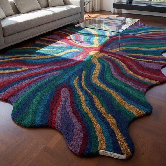 Hand-Tufted Wool Rug, Abstract Multicolor Irregular Shape