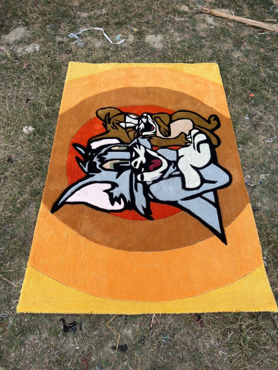 Hand Tufted Wool Cartoon Cat Mouse Rug for Playroom, Kids Bedroom Carpet