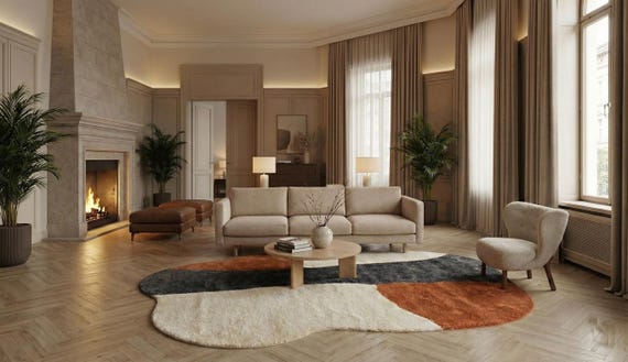 Hand Tufted Wool Rug – Cream, Rust & Charcoal Abstract Area Carpet