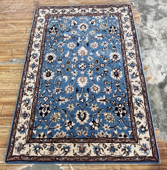 Hand Tufted Wool Persian Style Rug: Blue Traditional Oriental Area Carpet
