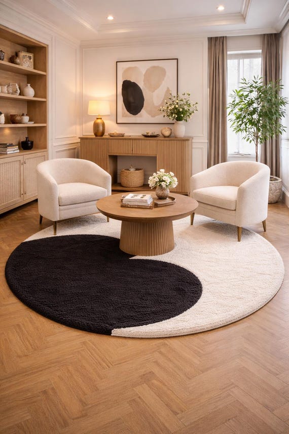 Handmade Yin Yang Wool Rug | Modern Black & White Carpet