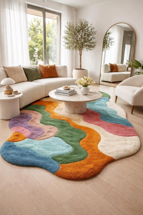 Hand-Tufted Irregular Abstract Rug, Colorful Wavy Boho Carpet, Modern Floor Decor