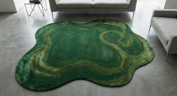Hand Tufted Wool Rug – Green Irregular Shape, Modern Floor Decor