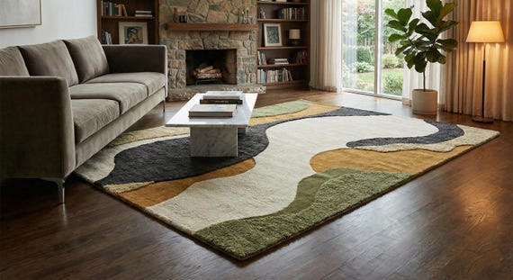 Hand Tufted Wool Area Rug – Abstract Modern Green, Gold & Cream