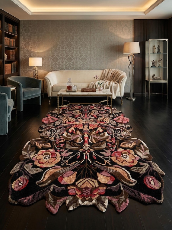 9x12 ft Moody Floral Irregular Rug | Dark Academia Maximalist Carpet | Gothic Botanical Bedroom Decor