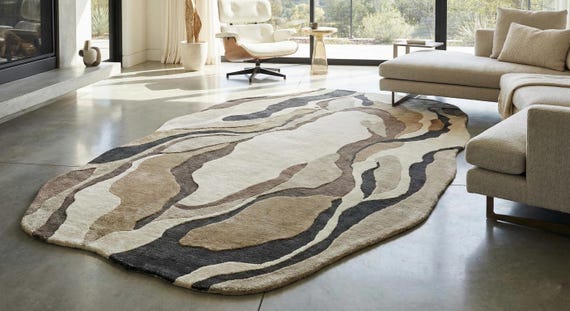 8x10 ft 9x12 ft Hand Tufted Wool Rug, Modern Abstract Beige Brown Irregular Carpet