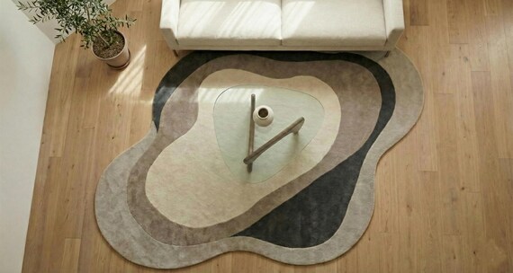 5x8 ft Modern Organic Area Rug: Neutral Curved Carpet for Living Room, Bedroom