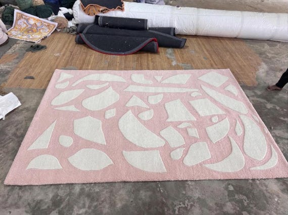 Blush Pink Abstract Hand-Tufted Wool Rug, Modern Scandinavian Designer Carpet