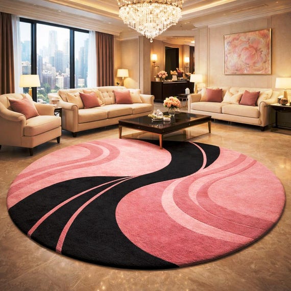 Hand Tufted Pink Black Wool Round Rug, Abstract Modern Swirl Carpet