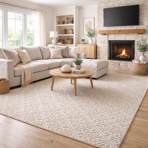 Hand Tufted Wool 9X12FT Rug Neutral Cream Geometric Carpet Modern Scandinavian Living Room Floor