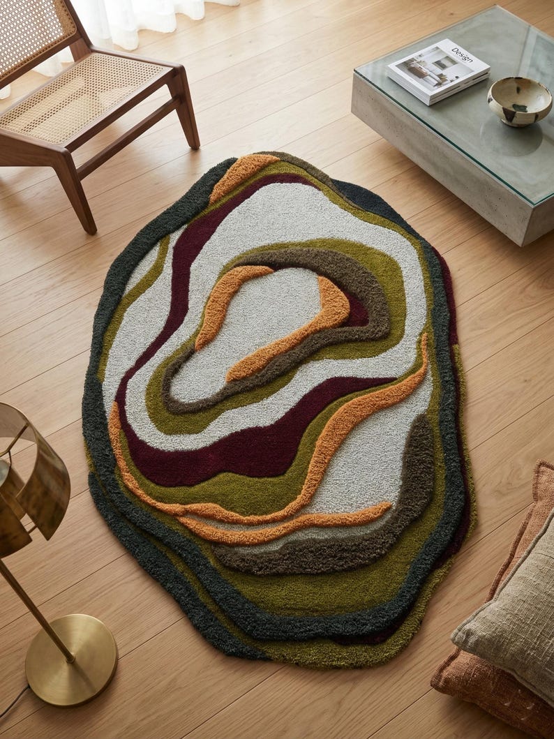 This image features a unique, irregularly shaped tufted area rug lying flat on a light oak wood floor in a cozy, modern bedroom. The rug has an organic, freeform silhouette with wavy edges, resembling a topographical map or an abstract geode slice. It boasts a deeply textured, high-low pile with swirling, 3D carved bands of color that create a tactile, contoured look