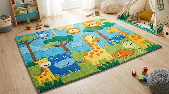 Safari Animal Wool Rug, Hand-Tufted Jungle Nursery Carpet, Kids Bedroom Decor