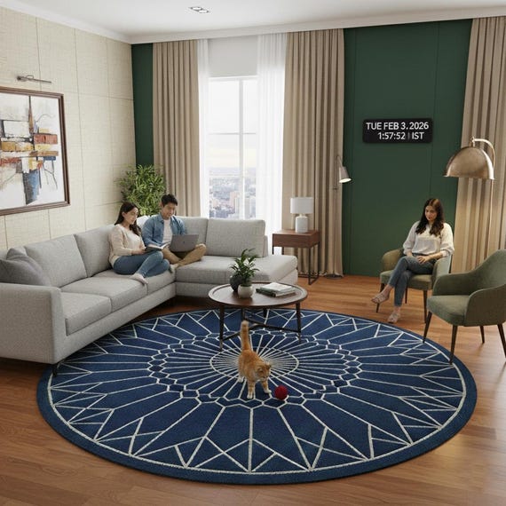 8x8 ft Navy Blue Round Geometric Mandala Rug – Contemporary Living Room Carpet