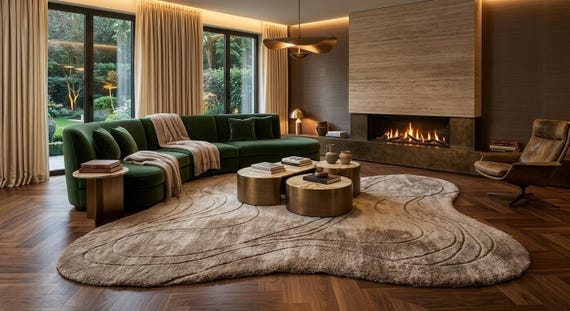 Hand-Tufted Wool Silk Rug: Organic Wavy Shape, Neutral Abstract Carpet (9x12 ft.)