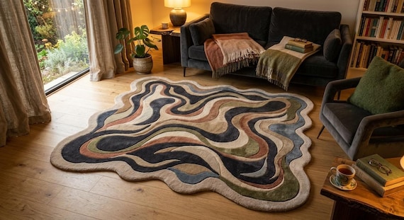 Hand Tufted Wool Rug: Abstract Organic Shape, Modern Wavy Carpet, Boho Living Room Decor