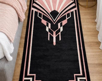 2x6 ft Art Deco Hand-Tufted Wool Runner Rug: Black, Pink Geometric Hallway Carpet