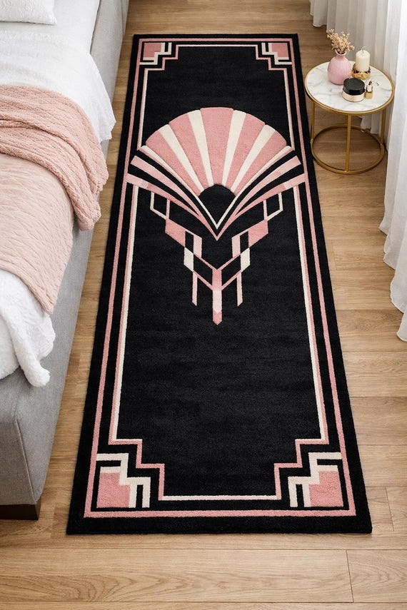 Black Pink Art Deco Hand Tufted Wool Runner Rug Modern Hallway Bedroom Carpet Decor