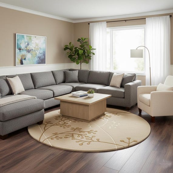 Hand Tufted Round Wool Rug, Beige Floral Botanical Carpet